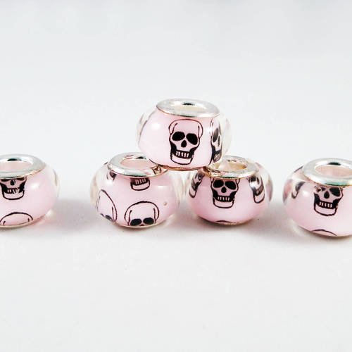 Pd35r - lot de 5 perles en verre murano lampwork motifs irréguliers tête de morts de couleur rose pâle de style pandor 