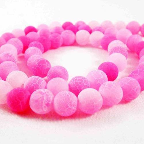 Pfm38g - lot de 10 perles en verre agate veine de dragon ronde de 8mm effet glacé fissures frosted de couleur rose 