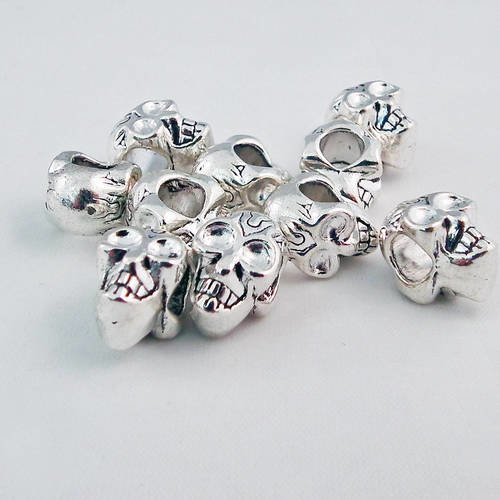 Tm60 - lot de 2 perles intercalaires spacer tête de mort motifs rayures éclair argent brillant halloween 