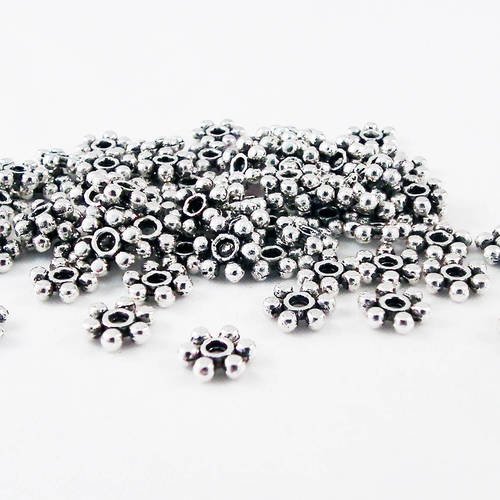 Isp51a - lot de 10 perles intercalaires spacer rondelles fleur flocon à motifs argent vieilli, 6mm de diamètre. 