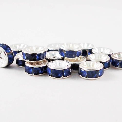 Cta37 - lot de 10 perles intercalaires argenté de 8mm de couleur bleu avec strass en forme de rondelles 