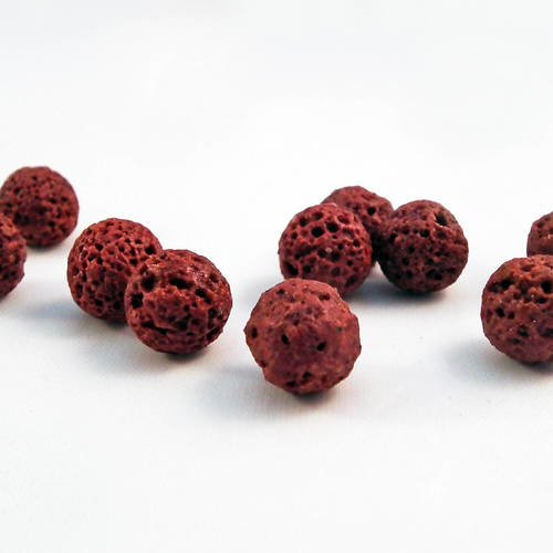 Pmc19 - 5 perles rouge bordeaux naturelles en lave de roche 8mm de diamètre. 