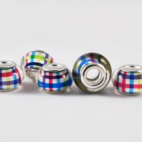 Pdl148 - lot de 2 perles en verre lampwork multicolores carreaux rayures rondelles pandor de 14mm 
