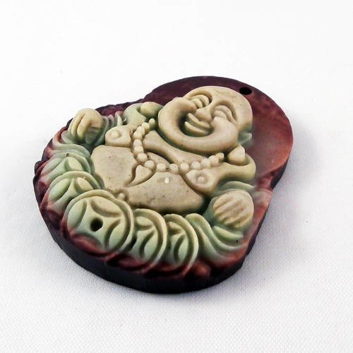 Bz116 - magnifique rare breloque pendentif en jade bicolore sculpté main buddha bien portant mandarin marron kaki 