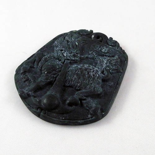 Bz113 - grande breloque en jade gris noir vieilli sculpté main mandarin motifs dragon asiatique 