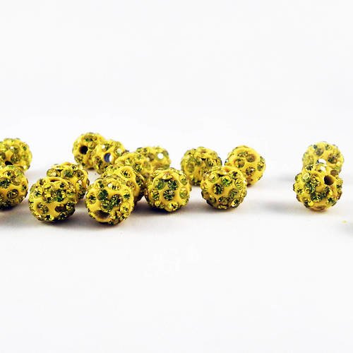 Psm42 - lot de 2 perles rondes 8mm en cristal disco shamballa strass jaune reflets doré scintillant électrique 