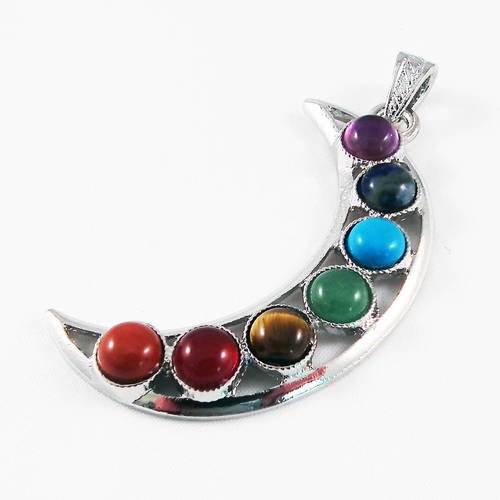 Bz109 - grand pendentif lune astral avec pierres en cristal 7 chakras énergie yoga méditation zen 