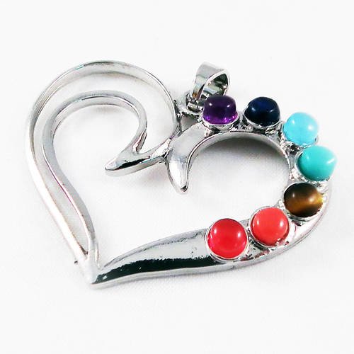 Bz108 - grand pendentif coeur amour amitié avec pierres en cristal 7 chakras énergie yoga méditation zen 