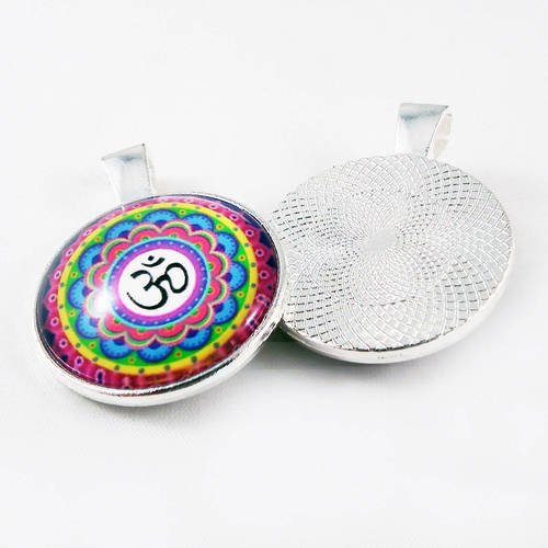 Bz105 - breloque pendentif cabochon chakra symbole 3e oeil ohm om aum multicolore pop yoga méditation zen 