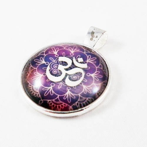 Breloque pendentif cabochon chakra symbole 3e oeil ohm om aum mauve violet lilas yoga méditation zen 