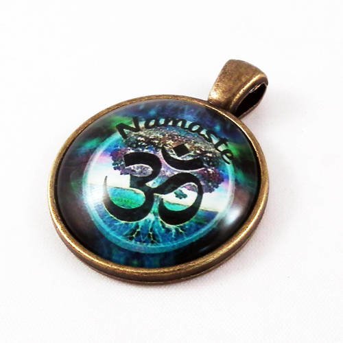Bz103 - breloque pendentif cabochon chakra namaste symbole 3e oeil ohm om aum bleu vert aqua yoga méditation 