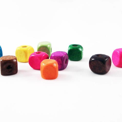 Pbb45 - lot de 10 perles en bois carrées cube cubiques de couleurs mixtes 