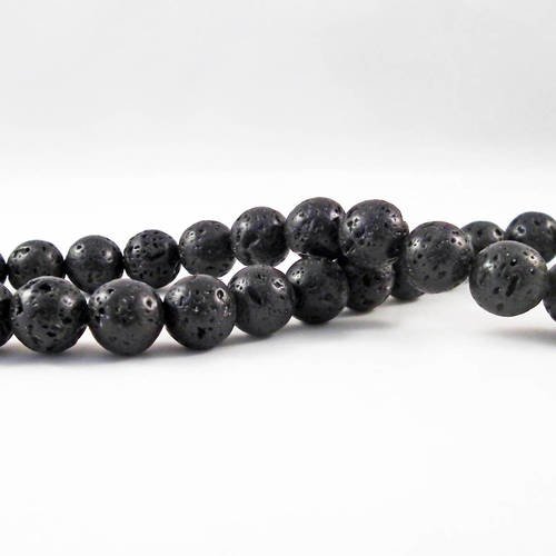 P0121l10 - 1 enfilade de perles noires naturelles en lave de roche de 10mm de diamètre.