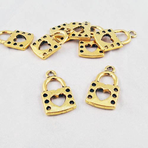 Bcp05d - 2 petites breloques pendentifs cadenas à motif coeur pois doré clé amour secret voyage 