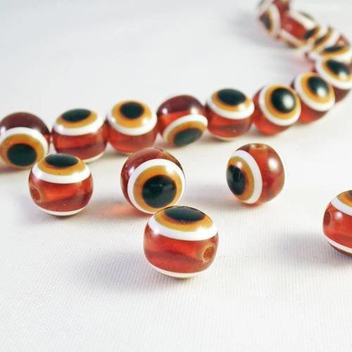 Pmg21 - lot de 5 perles rondes oeil grec chanceux de couleur marron et blanc noir 