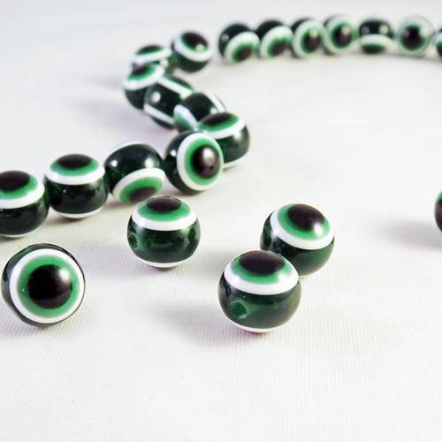 Pmg20 - lot de 5 perles rondes oeil grec chanceux de couleur vert et blanc noir 