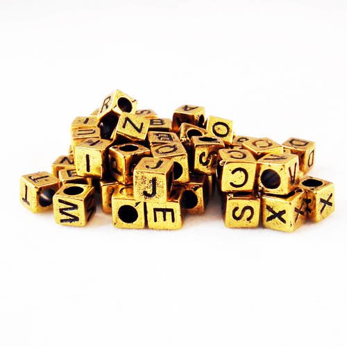 Nl54 - une perle lettre "0" alphabet ou chiffre zéro cube cubique en acrylique de couleur doré 