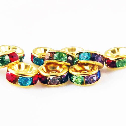 Isp59e - lot de 10 perles intercalaires dorées de 8mm multicolores avec strass brillants en forme de rondelles 