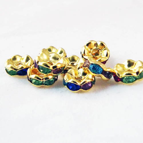 Isp59g - lot de 10 perles intercalaires dorées de 8mm multicolores avec strass brillants en forme de rondelles 