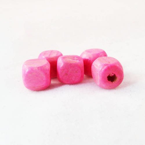 Pbb39 - lot de 5 perles en bois roses carrées cube cubiques de 7mm 