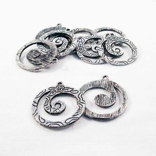 Bdp07 - lot de 2 breloques pendentifs rond spirales fleurs aztèque symboles tribal totem argent vieilli 