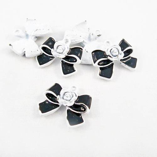 Lx05b - breloque boucle noeud noir fleur camélia blanc métal et émail fashion mode luxe avec imperfections 