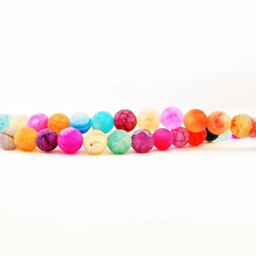 Pfm41m - lot de 10 perles en agate veine de dragon ronde de 8mm effet glacé fissures frosted de couleurs mixtes. 