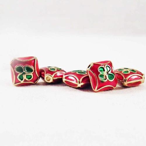Hev53 - lot de 5 perles intercalaires en cuivre et émail losange motifs fleurs trèfle et cloisons dorée style thailande vintage 