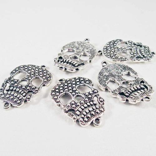 Tm49 - lot de 5 connecteurs breloques tête-de-mort légèrement arrondis couleur argent vieilli 