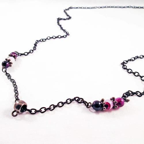 Sbc10 - long support collier à chaîne noire connecteur flocon gunmetal perles agate onyx uniques teintes violets 