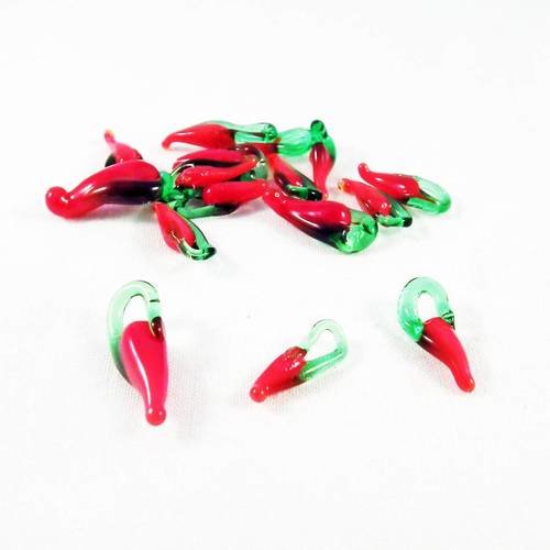 Bd40 - 3 breloques pendentifs piment poivron épice mexicain chili cuisine salsa en verre lampwork murano rouge et vert 