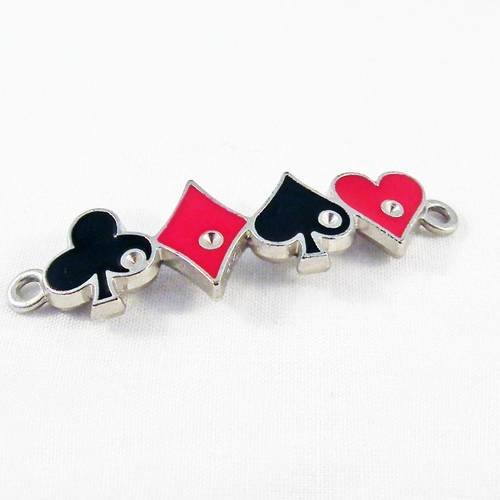 Joli pendentif breloque connecteur pique coeur carreau trèfle poker argent mat vieilli émail rouge et noir 