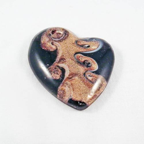 Grande breloque coeur noir à motifs abstrait marron doré scintillant en verre lampwork murano légères imperfections 