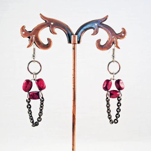 Sbc94 - une paire support de boucles d'oreilles argenté avec perles en bois rectangulaire vieux rose cendré pourpre 