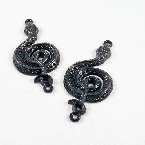 Ct63 - 2 connecteurs breloques pendentifs serpent cobra spirale venin en métal noir 