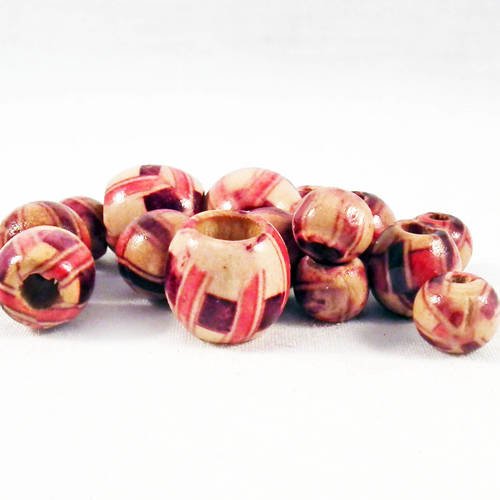 Assortiment de 15 perles en bois variés tonneau olive motifs imprimés animalier tribal totem 