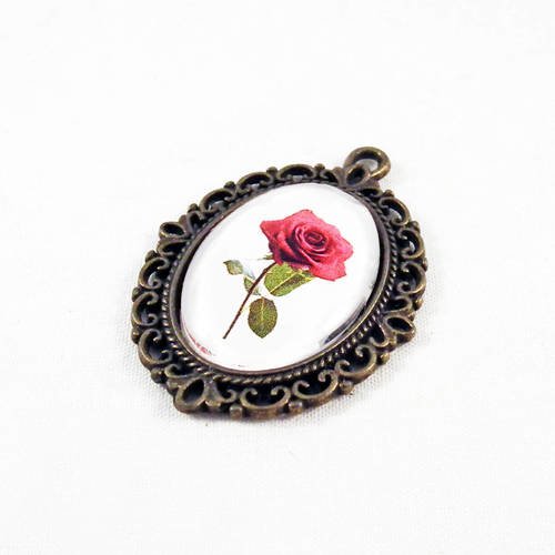 Cac09 - pendentif breloque bronze motifs dentelle vintage cabochon ovale en verre motif fleur rose rouge blanc 