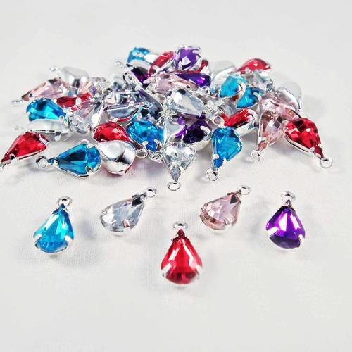 Pco48 - lot de 5 breloque pendentifs forme de goutte strass de couleurs mixtes dents et monture argenté 