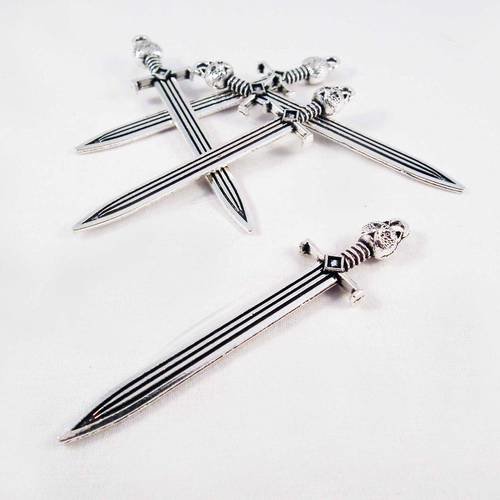 Grande breloque pendentif en forme d'épée chevalier tête motif chat en argent tibétain 