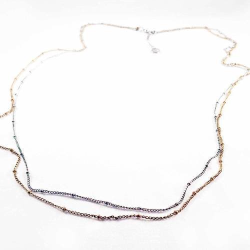 Collier double rang doré antique et argent mat fine chaine à boules longueur 86cm 