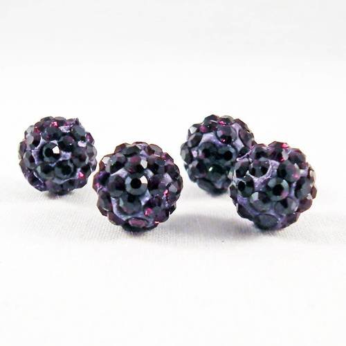 Psh08 - lot de 4 perles rondes 10mm en cristal de qualité disco shamballa strass de couleur violet foncé 