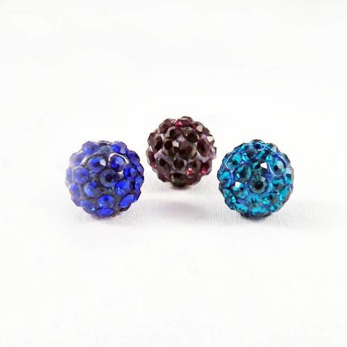 Psh09 - lot de 3 perles rondes 10mm en cristal de qualité disco shamballa strass bleu violet et émeraude 