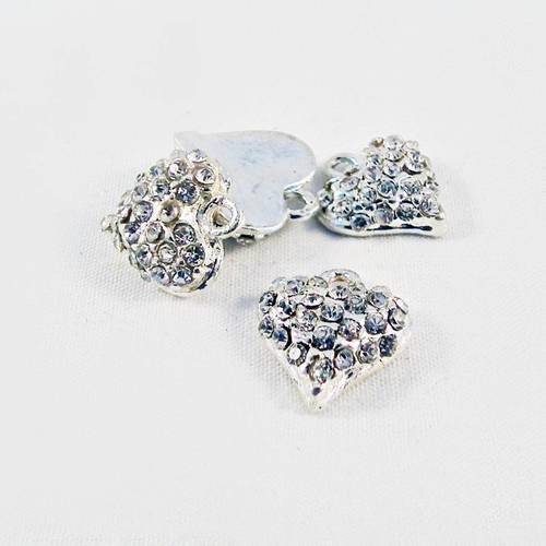 Lot de 4 breloques pendentifs coeur argenté avec cristal strass 