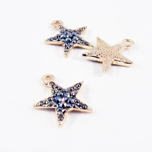 Lot de 3 breloques pendentifs étoile en cristal strass gris foncé noir monture vintage doré champagne 