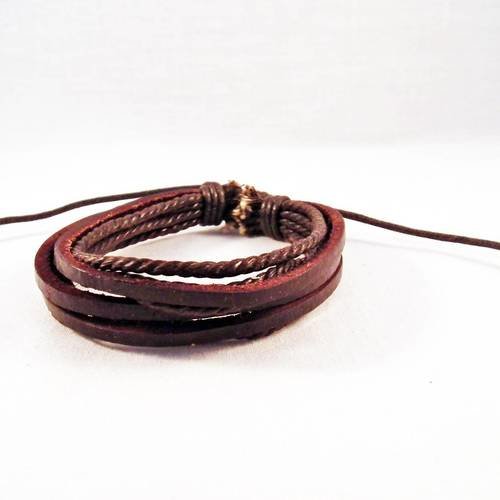 Pu95 - 1 support bracelet simili cuir et corde tressé multi rangs ajustable marron brun café 