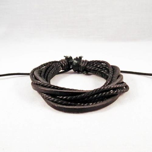 Pu96 - 1 support bracelet simili cuir et corde tressé multi rangs ajustable noir 