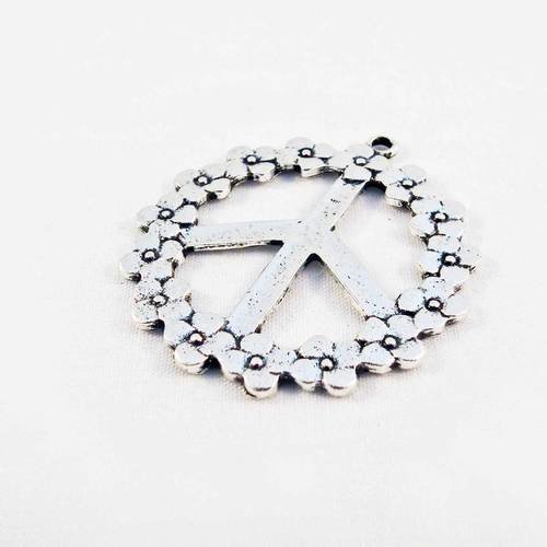 Grande breloque pendentif médaille médaillon signe de paix "peace and love" fleur woodstock argent vieilli 