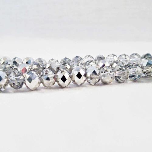 Nouveauté! 1 enfilade d'environ 70 perles précieuses 8x6mm gris argenté et cristal blanc métallique à reflets en verre cristal à facettes 