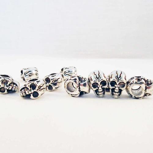 Int132 - lot de 2 perles intercalaires spacer tête de mort motifs rayures éclair en argent tibétain halloween 