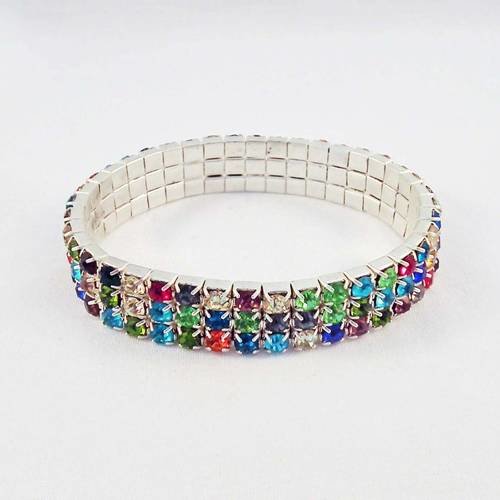 Sbc99 - joli support bracelet élastique 3 rangs de cristal strass de couleurs mixtes avec rayures argenté 